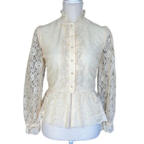 Vintage Herman Marcus Cream Lace Victorian Peplum Blouse Long Sleeves - Picture 2 of 11